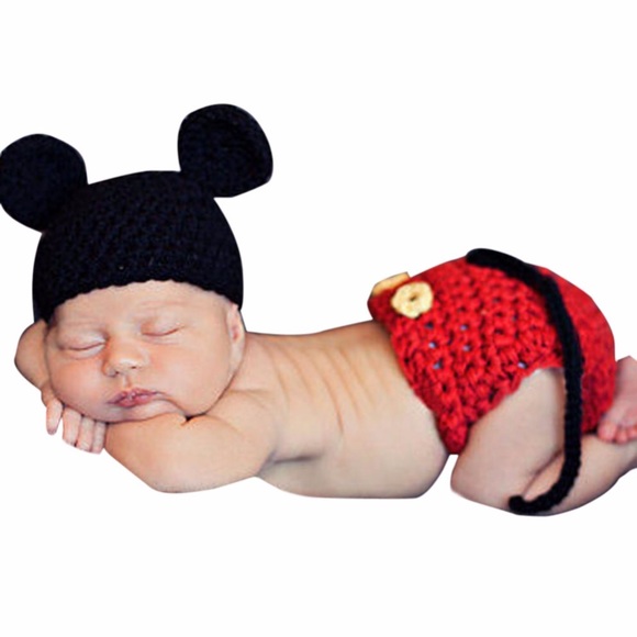 Newborn Baby Crochet Knit Mickey Mouse Outfit Photo Prop - Picture 2 of 9